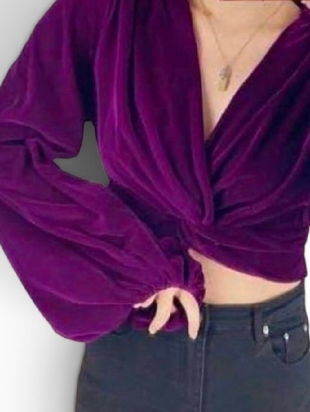 ZARA Purple Velvet Twist Front Balloon Sleeve Faux Wrap Top - Medium